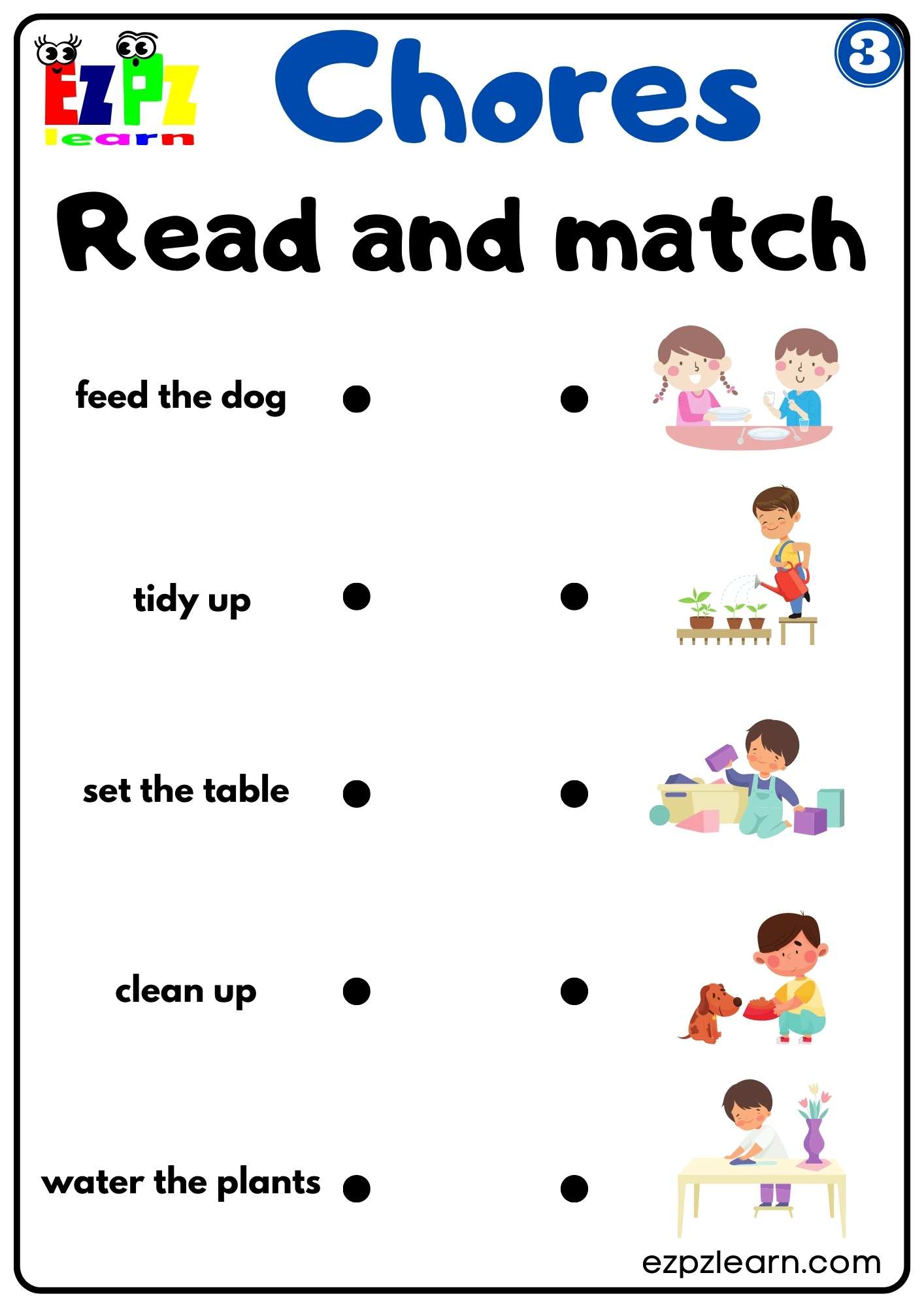 Read and Match Worksheet Household Chores Vocabulary For ESL and K5 Students PDF Download Group 3